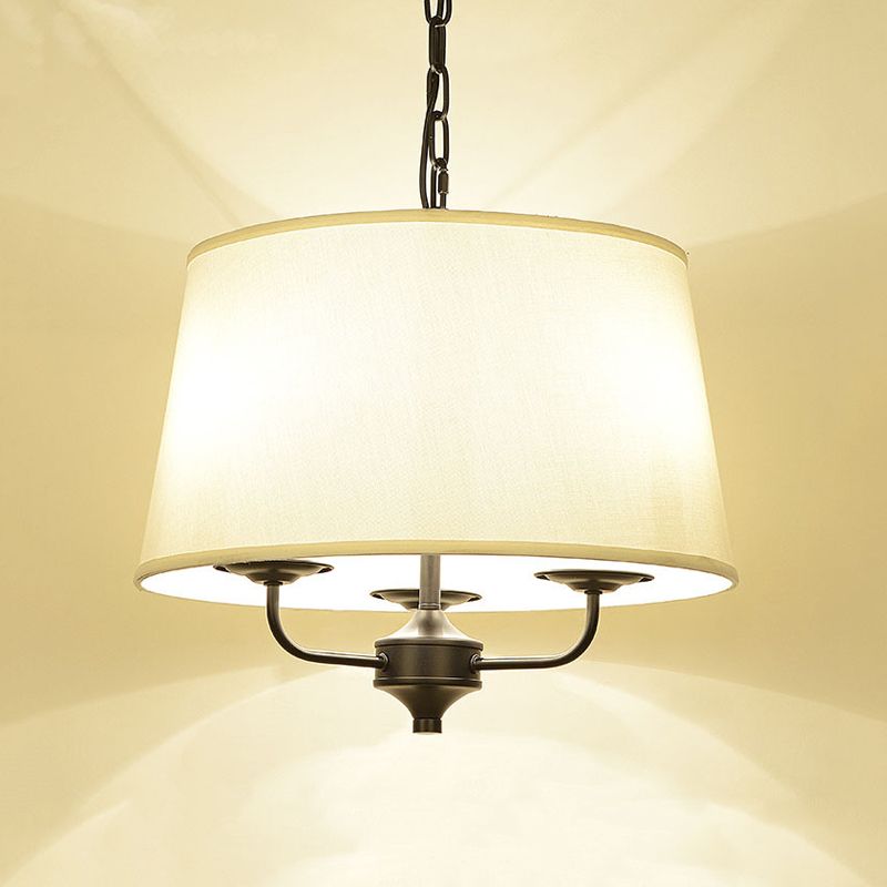 Fabric Drum Shade Hanging Chandelier Traditional 3 Lights Bedroom Pendant Light in Flaxen/White