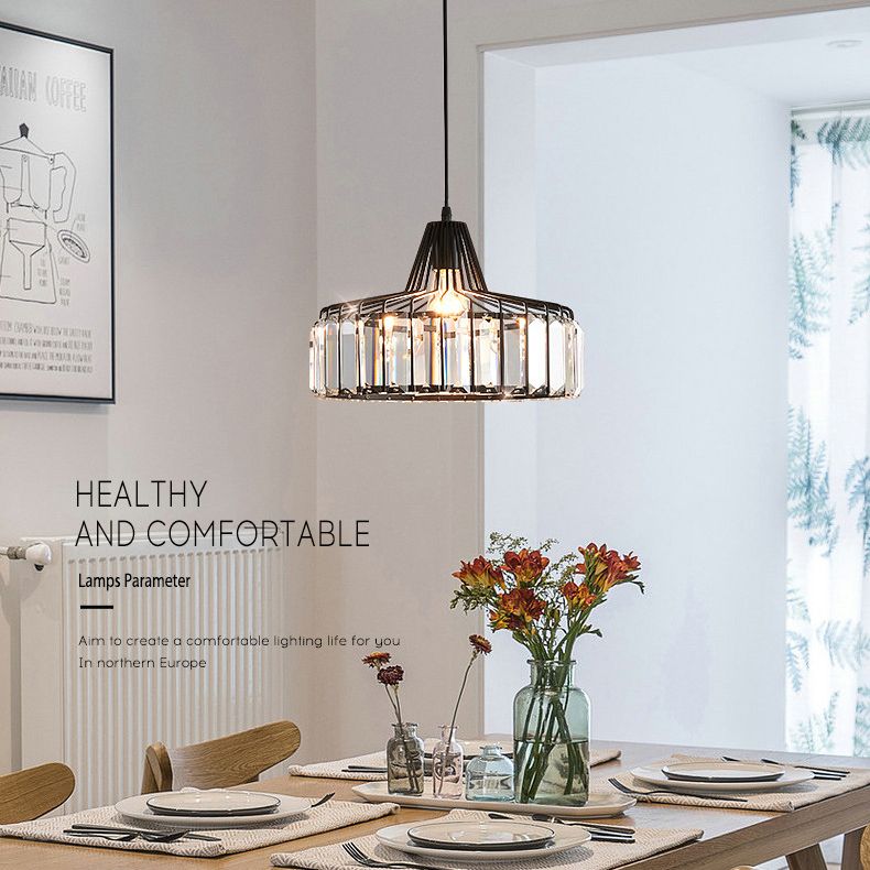 Contemporary Style Drum Crystal Hanging Lamp 1-Light Simplicity Bedside Mini Lighting Pendant