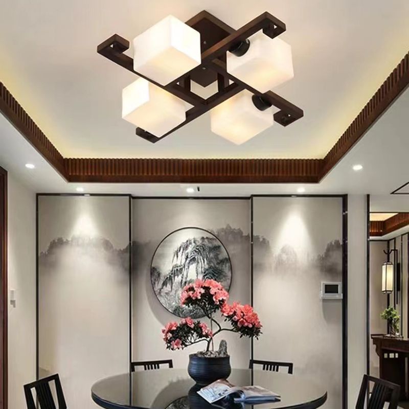 Modern Style Ball Shape Flush Mount Wood Ceiling Light in Brown for Living Room