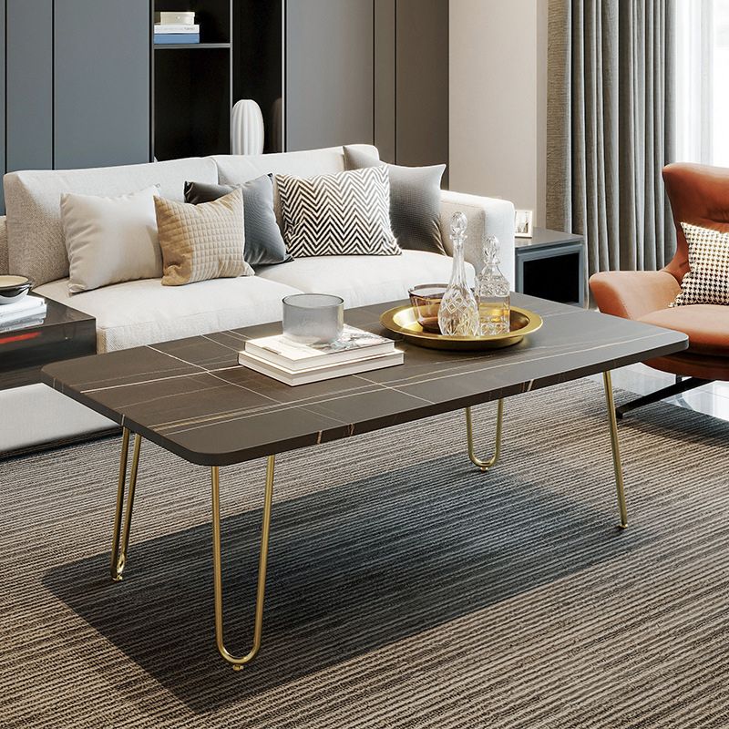 Glam Rectangle Stone Top Cocktail Table with 4 Metal Legs Coffee Table