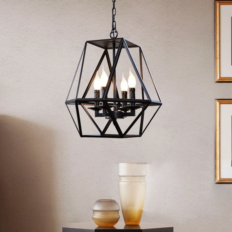 Black Geometric Chandelier Lamp Traditional Metal 3/4 Light Living Room Hanging Light