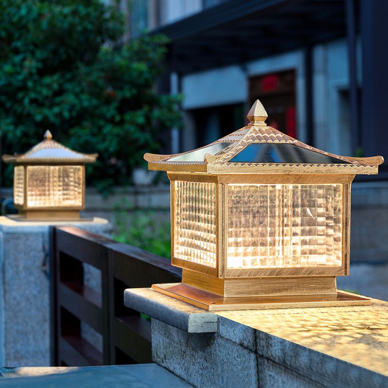 1-Light Pillar Lamp Square Solar Lighting Fixture with Glass Shade for Garden