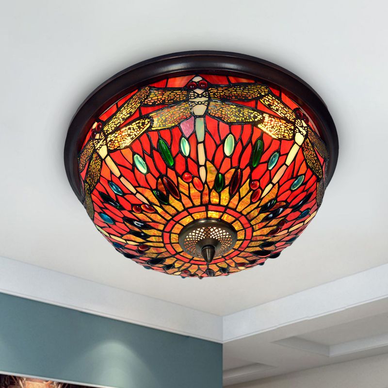 Blue/Red Dome Flush Mount Light Tiffany Stained Glass LED Close to Ceiling Lamp with Dragonfly Pattern