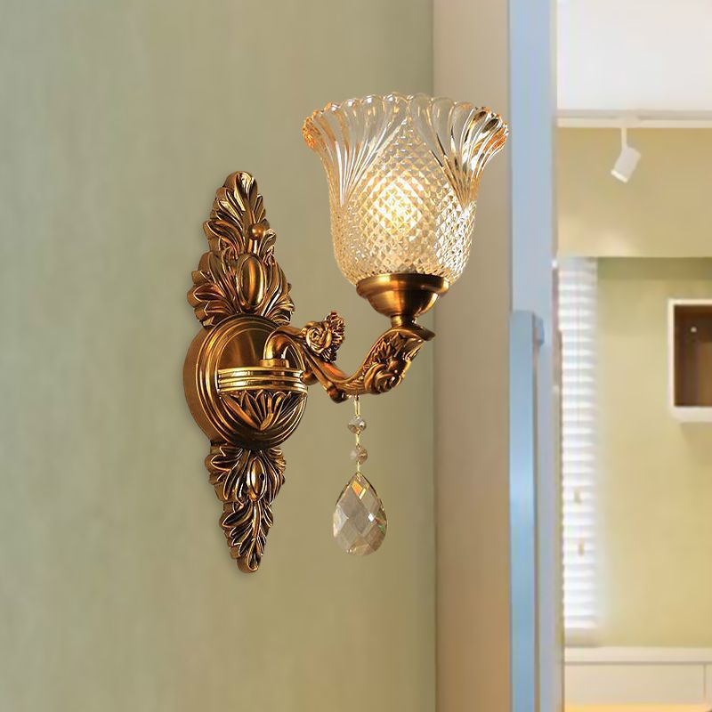 Lattice Glass Bell Wall Light Traditional 1/2-Head Living Room Sconce Lighting in Brass