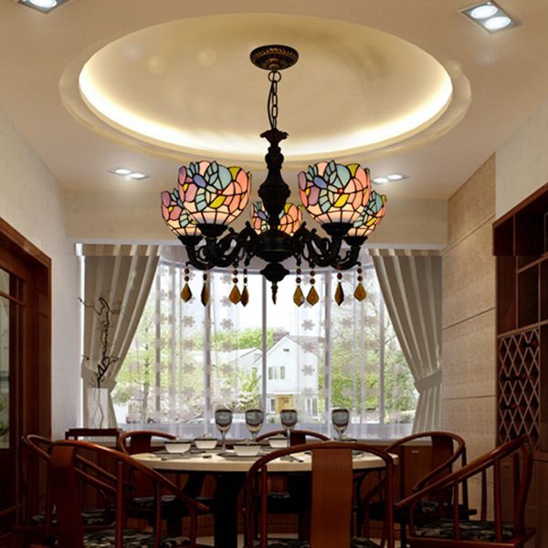 Country Scalloped Hanging Light Stained Glass 5 Heads Multicolored Chandelier for Living Room