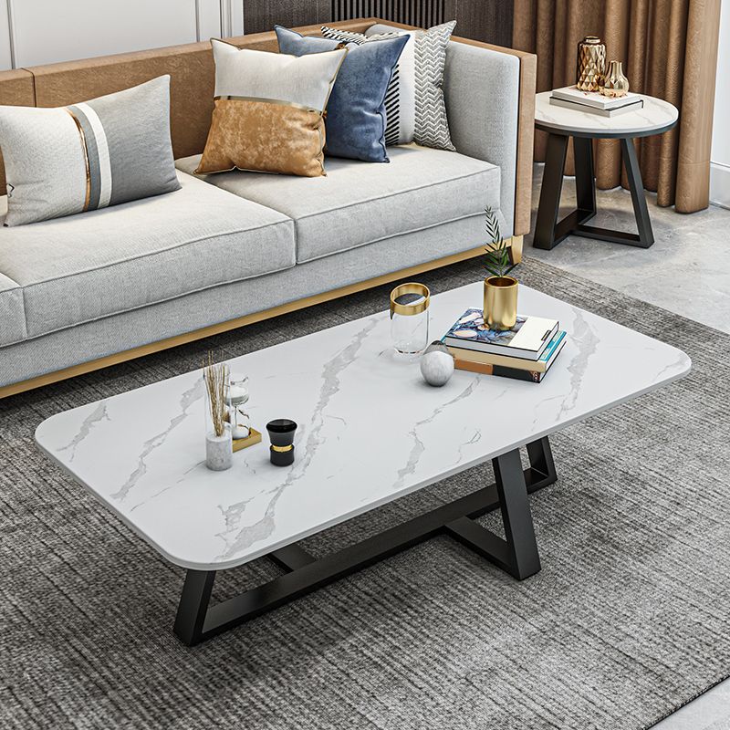 Glam Rectangle Stone Top Coffee Table with Iron Cross Legs Coffee Table