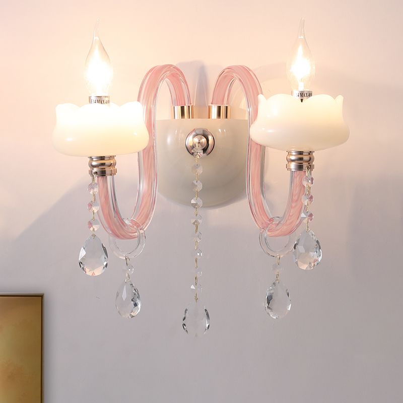 2 Bulbs Crystal Prism Sconce Light Traditional Pink Candelabra Living Room Wall Mounted Lighting