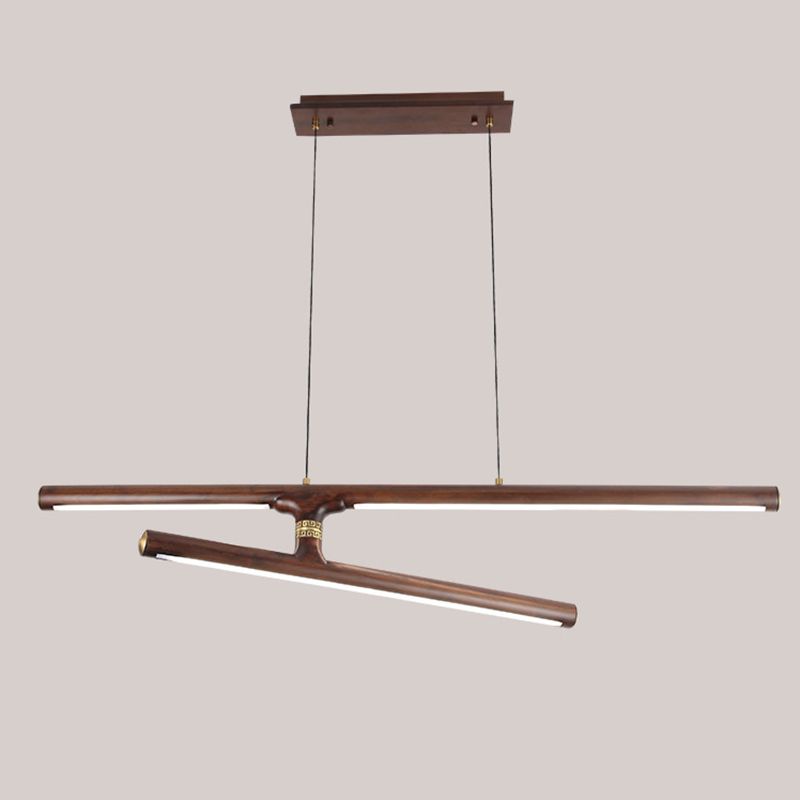 Linear Tea Room Suspension Lamp Wooden Minimalist LED Hanging Island Light Fixture