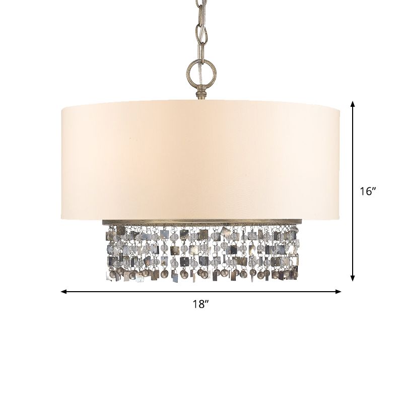 Drum Fabric Chandelier Light Traditional 5-Bulb Living Room Hanging Lamp in White with Crystal Accent