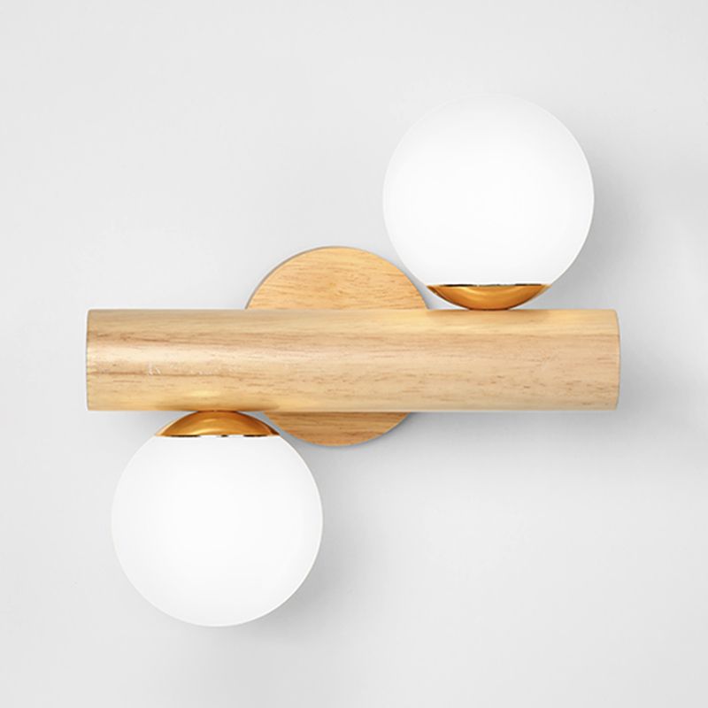 2-Light Wood Wall Lighting Modern Globe Wall Mounted Light Fixture with Glass Shade