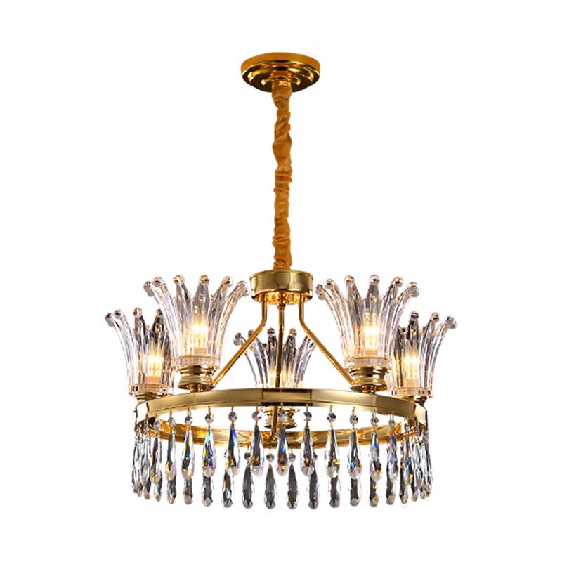 5/8 bollen uit de wijd laaide kroonluchter lichtbarmsel klassiek goud helder kristal plafond hanger met druppelontwerp