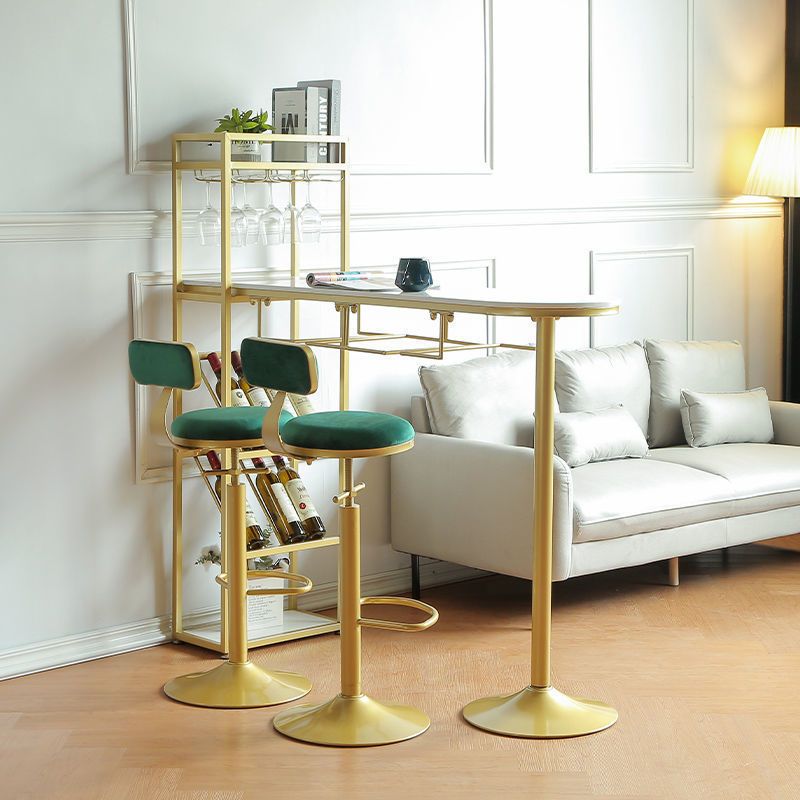 Specialty Marble Top Bar Table Glossy White Glam Pub Table with Wine Storage