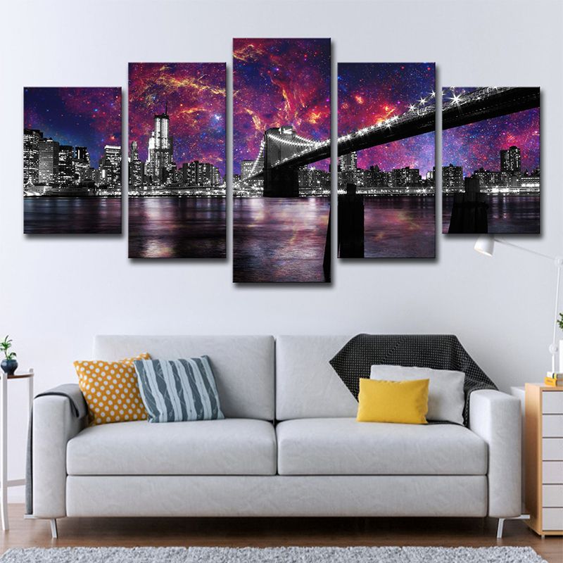 Purple Night Cityscape Canvas Art Brooklyn Bridge Modernist Multi-Piece Wall Decor