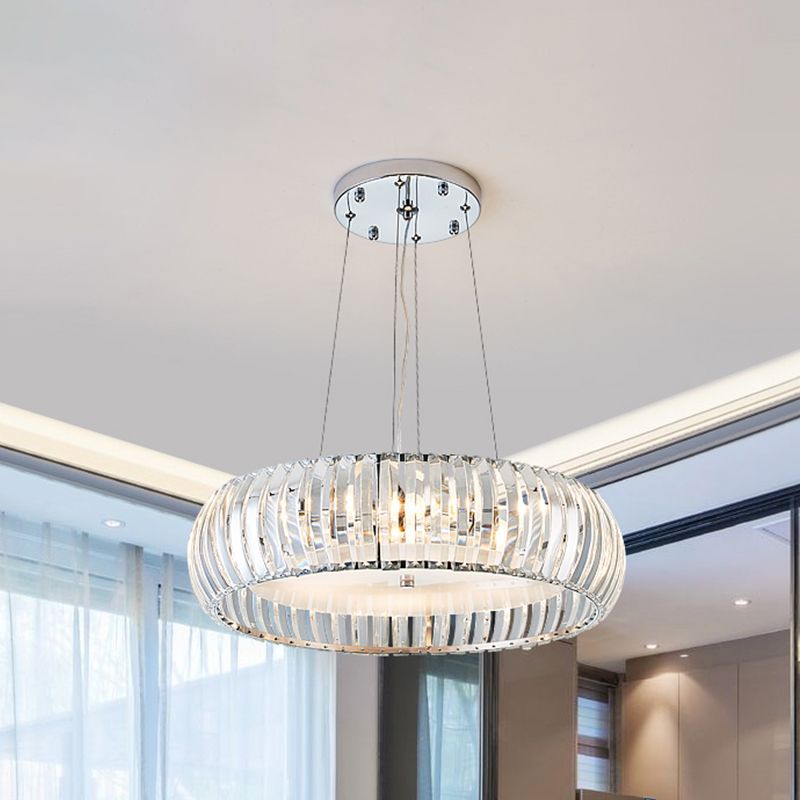 Simplicity LED Down Lighting Chrome Doughnut Hanging Chandelier with Crystal Prisms Shade