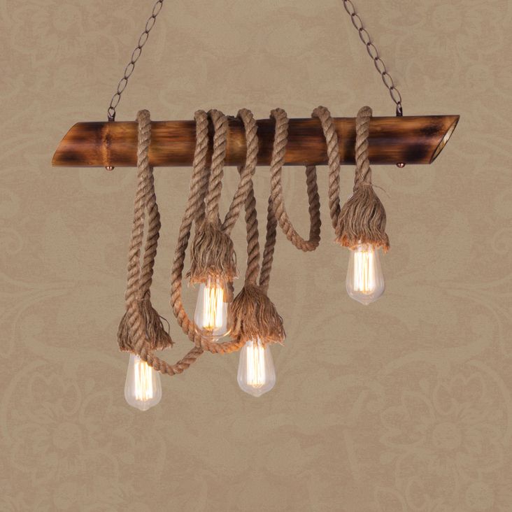 Country Rope Rope Island Light 3/4/6-Light Bamboo Island Pendant Light avec une ampoule nue en beige