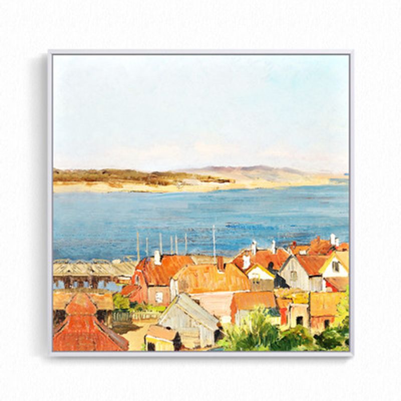 Oil Painting Rustic Canvas Wall Art with Houses on the River Scenery, Yellow-Orange