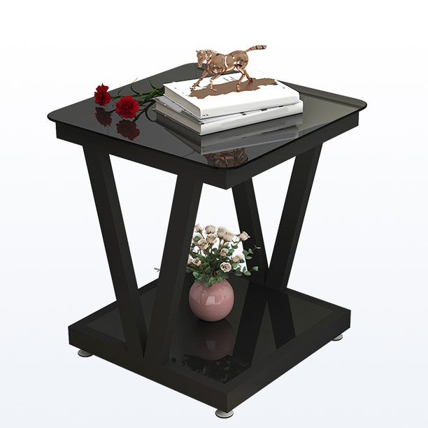 Square Glass Top Side Table 23.6" Tall Steel Trestle Base End Table with Shelf