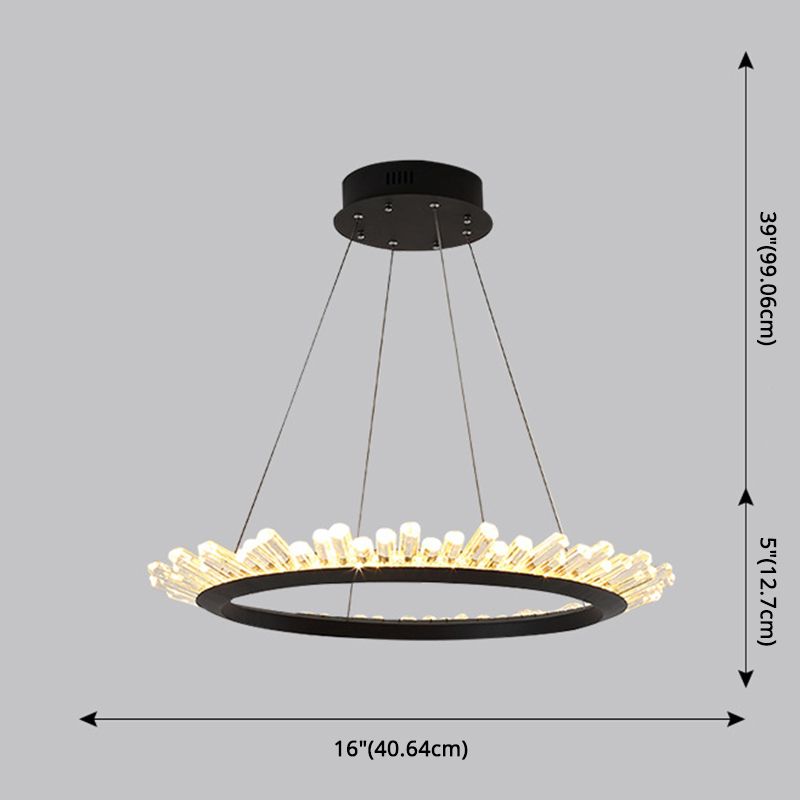 Minimalist Ring-Shape LED Chandelier Crystal Stick Living Room Hanging Light in Black