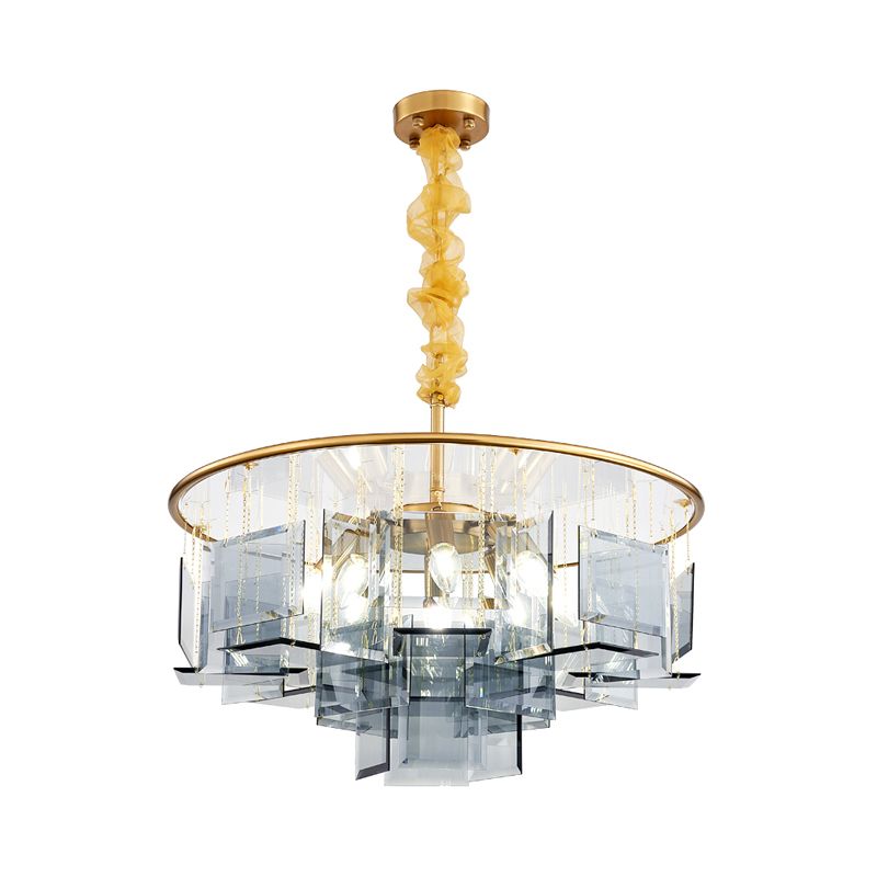 Smoke Gray Crystal Square Chandelier Lamp Contemporary 8 Lights Ceiling Pendant with Circle Design