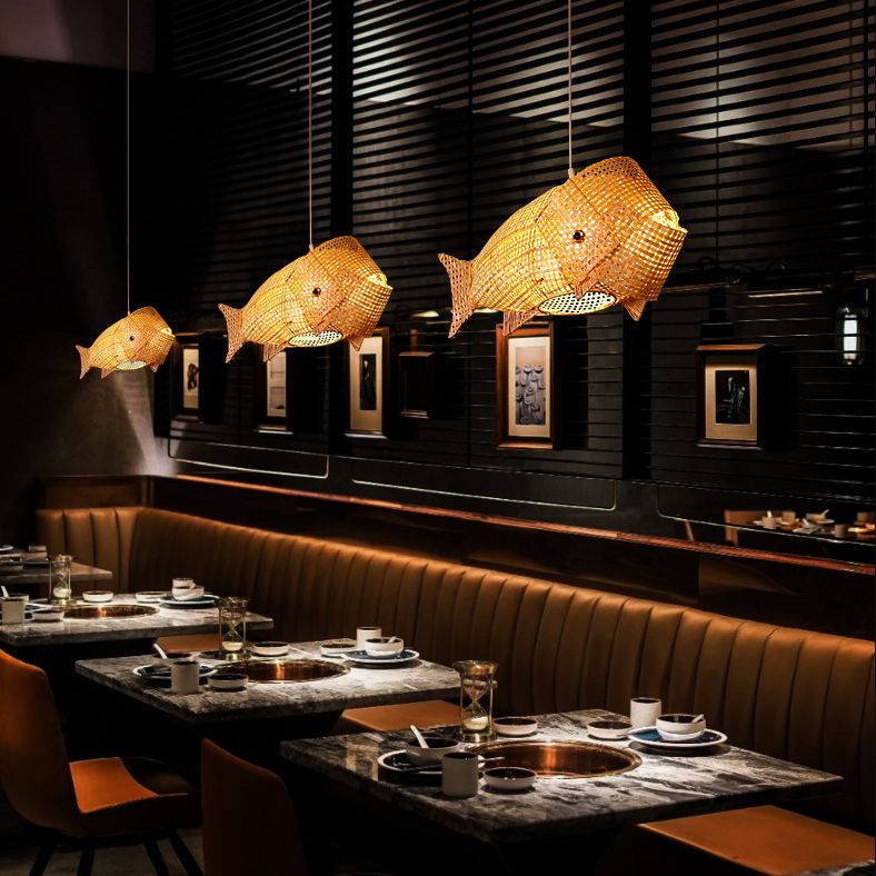 27.5" Wide Japanese Style Carp Hanging Light Bamboo Weaving Creative 1-Light Pendant for Restaurant
