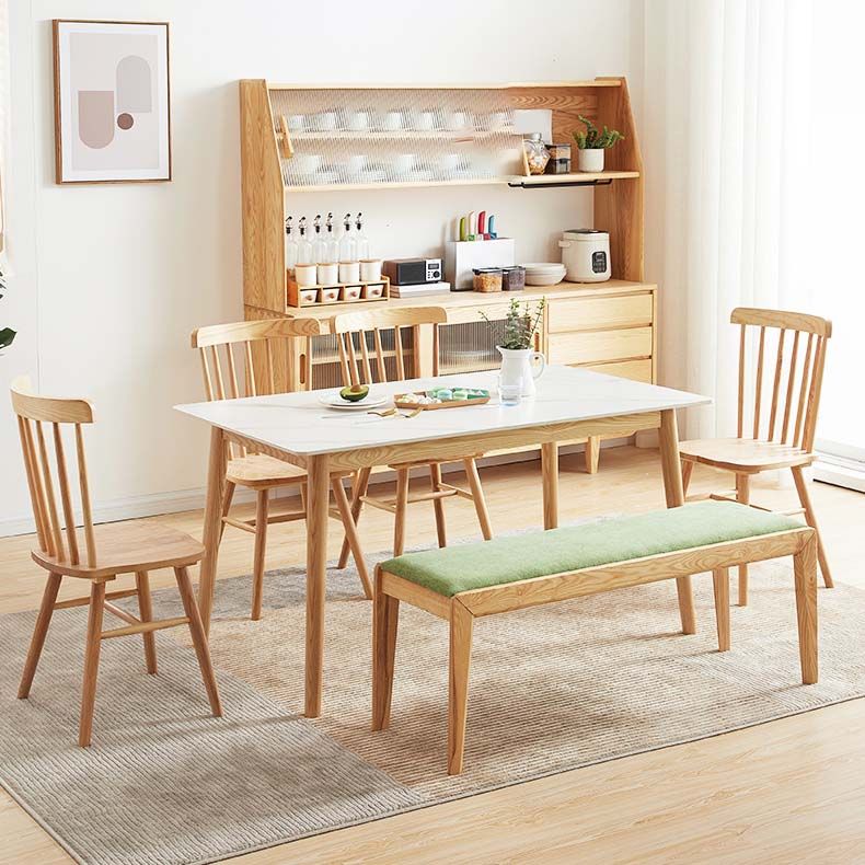 Mid-Century Dining Table with Ash Wood Frame White Stone Top Table
