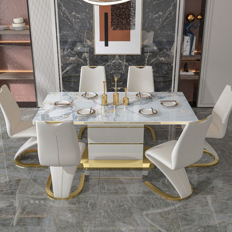 Luxury Sintered Stone Top Dining Table White Rectangle Table with Metal Pedestal Base