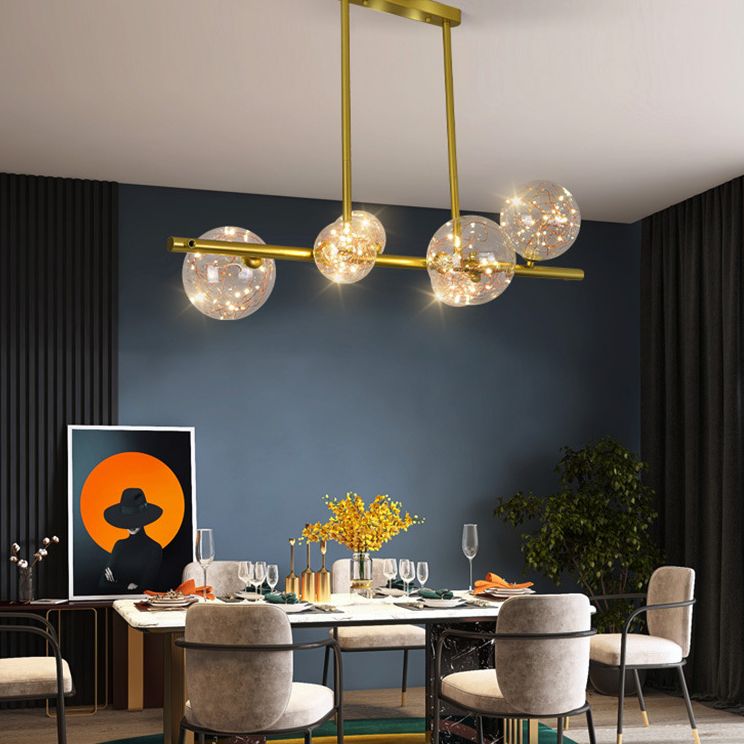Mid-Century Gold Island Pendant Lighting Spherical Clear Glass Island Ceiling Light for Dining Table