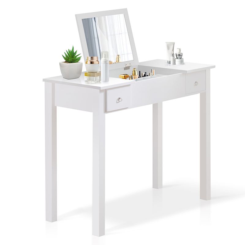 Flip Single Mirror Vanity Desk Double Drawers Straight Feet Dresser in White