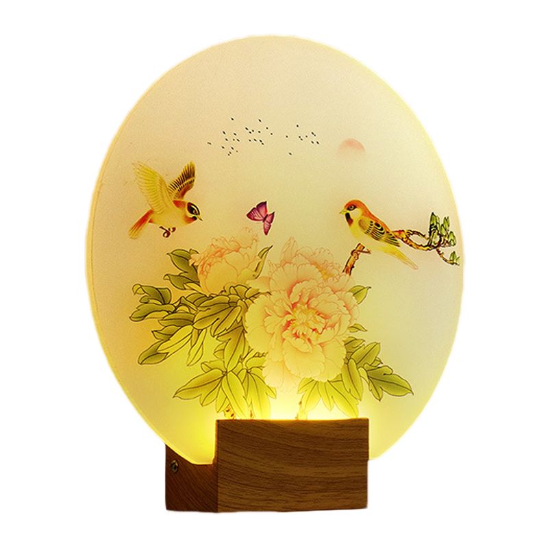Brown Circular Blossom and Bird Mural Light Asia Style LED Acrylic Wall Mounted Lighting for Bedroom