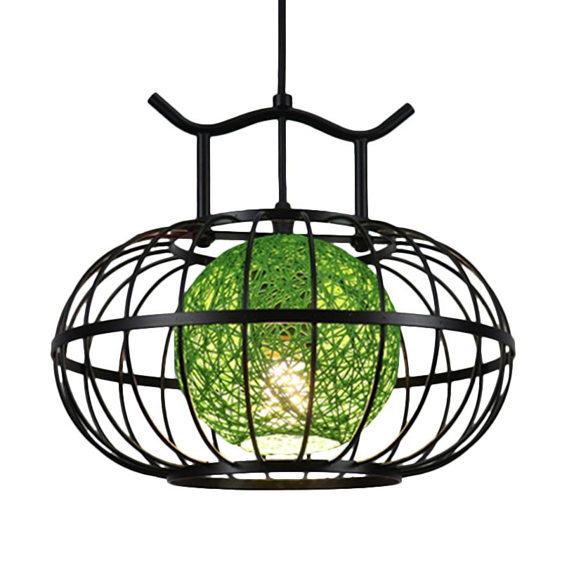 Metallkürbiskäfighängeanhänger Licht mit innerer Rattankugel Schatten Asian Style 1 Light Suspension Lampe in Rot/Gelb