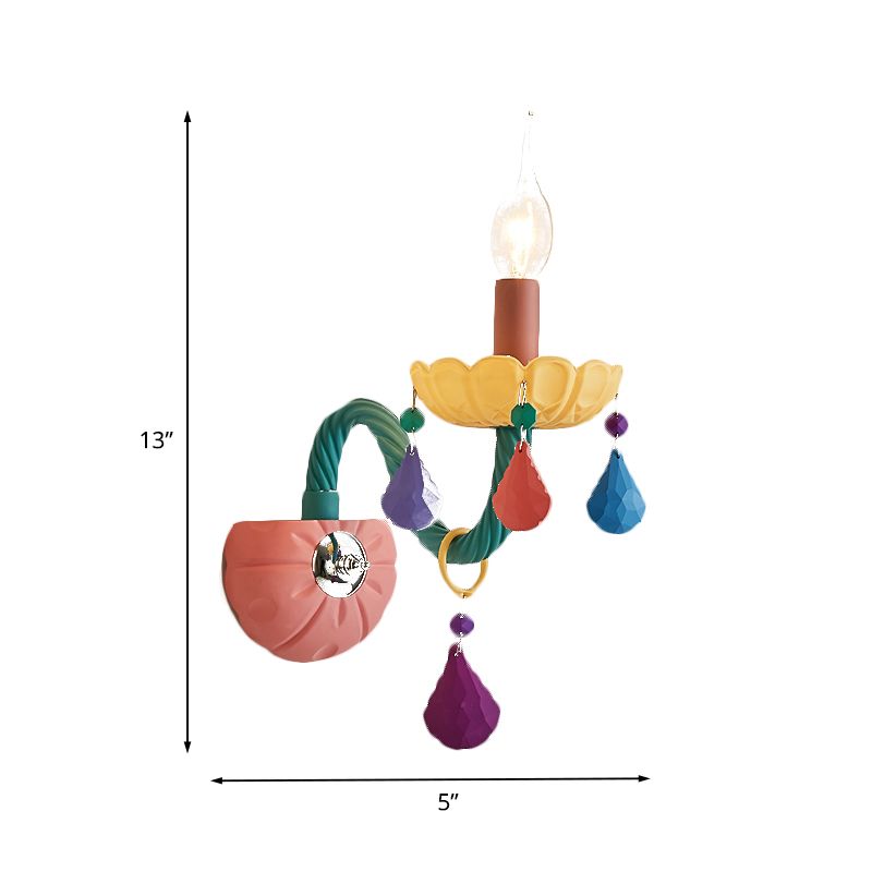 Cartoon Candle Wall Light Fixture Crystal 1/2-Bulb Bedside Wall Sconce in Pink with Droplet Deco