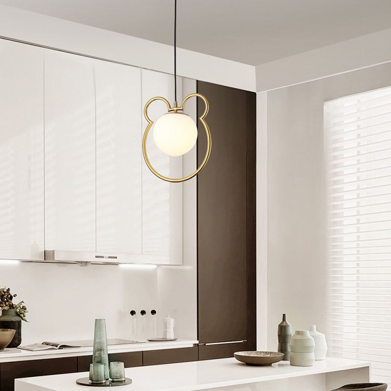Nordic Minimalism Little Bear Lines Frame Hanging Light with White Glass Ball Shade Mini Pendant Fixtures for Bedside