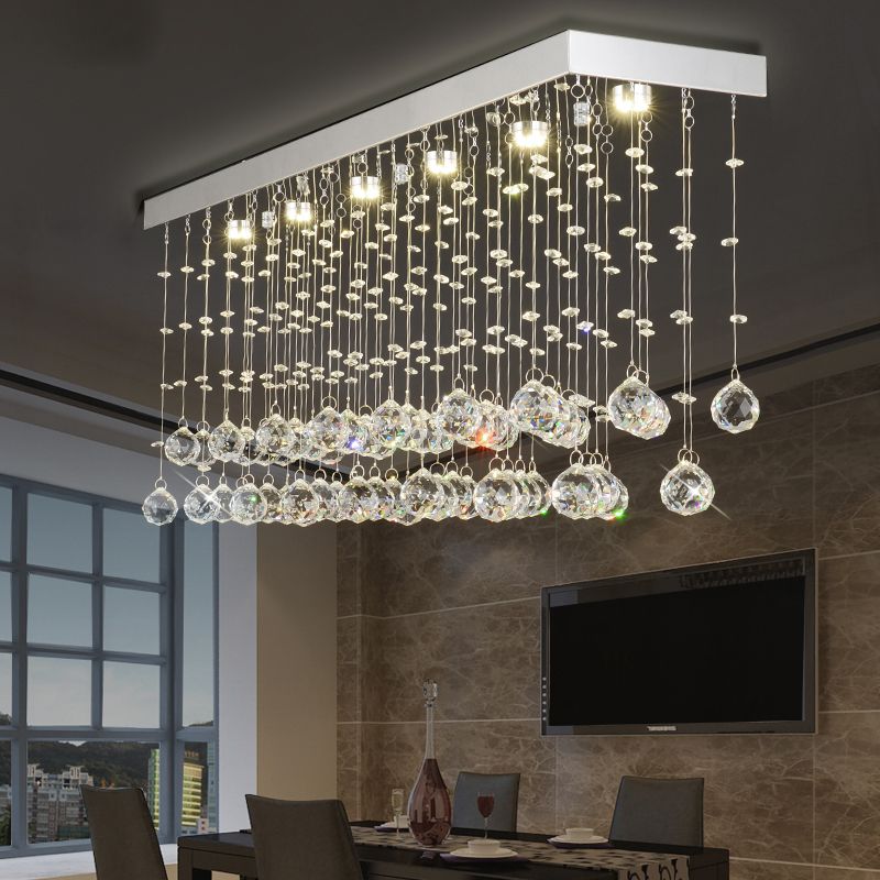 Rectangular Flush Mount Light Modern Faceted Crystal Ball 4 Lights Silver Ceiling Light for Dining Room, 23.5"/31.5"/39" Wide