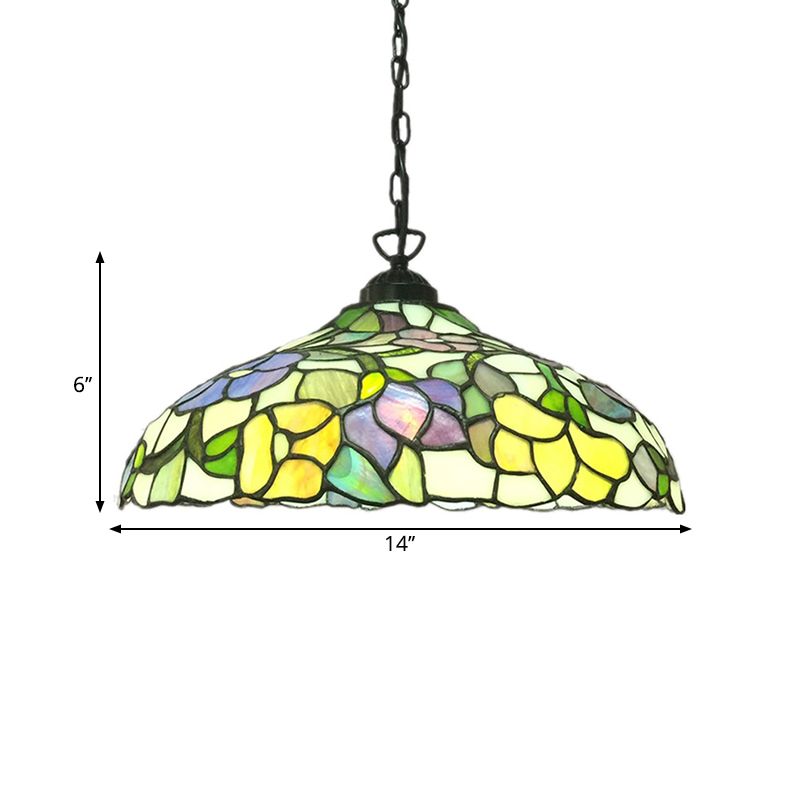 Cut Glass Barn Ceiling Pendant Victorian 1-Light Yellow Hanging Light Fixture with Floral Pattern