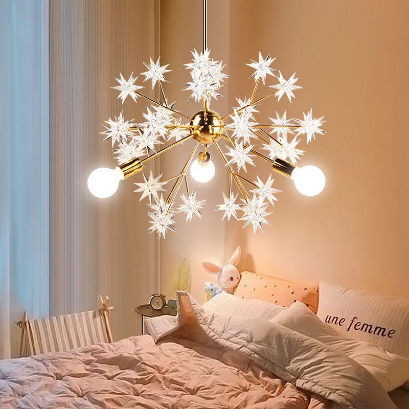 Romantic Star Deco Chandelier 3 Lights Metal Hanging Light in Gold fro Child Bedroom Hotel