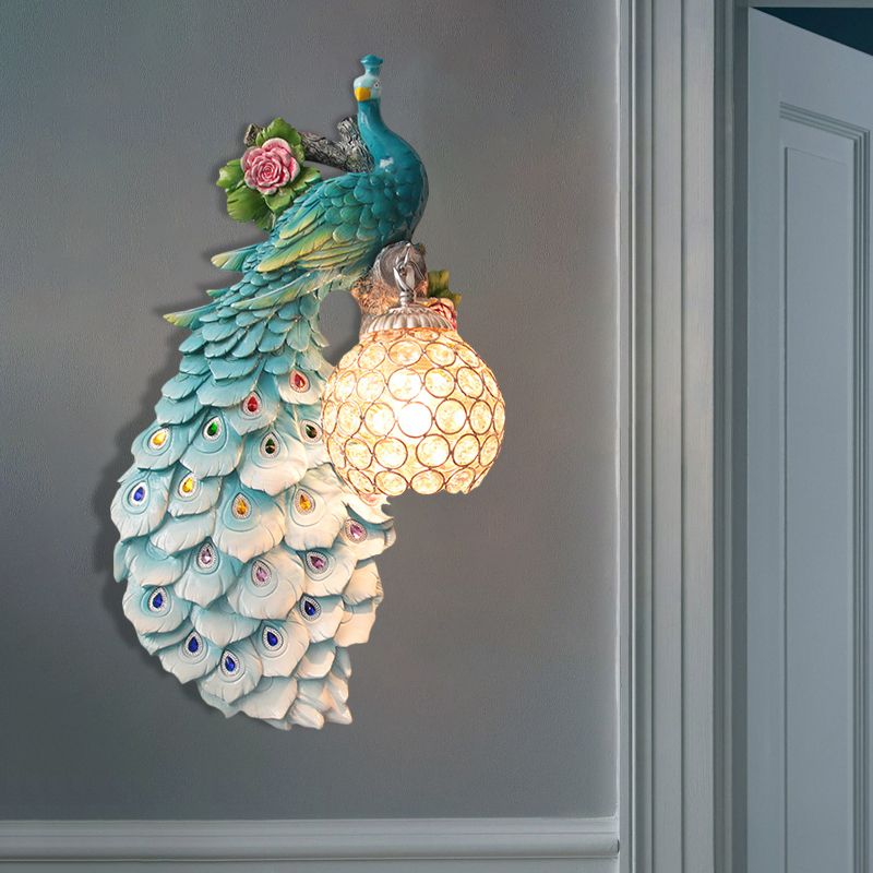 Cleorfingeled Crystal Ball Sfonce Rustic Single Bulb Hallway Wall Montated Light con pavone e decorazioni di rose in bianco/blu/verde, sinistra/destra