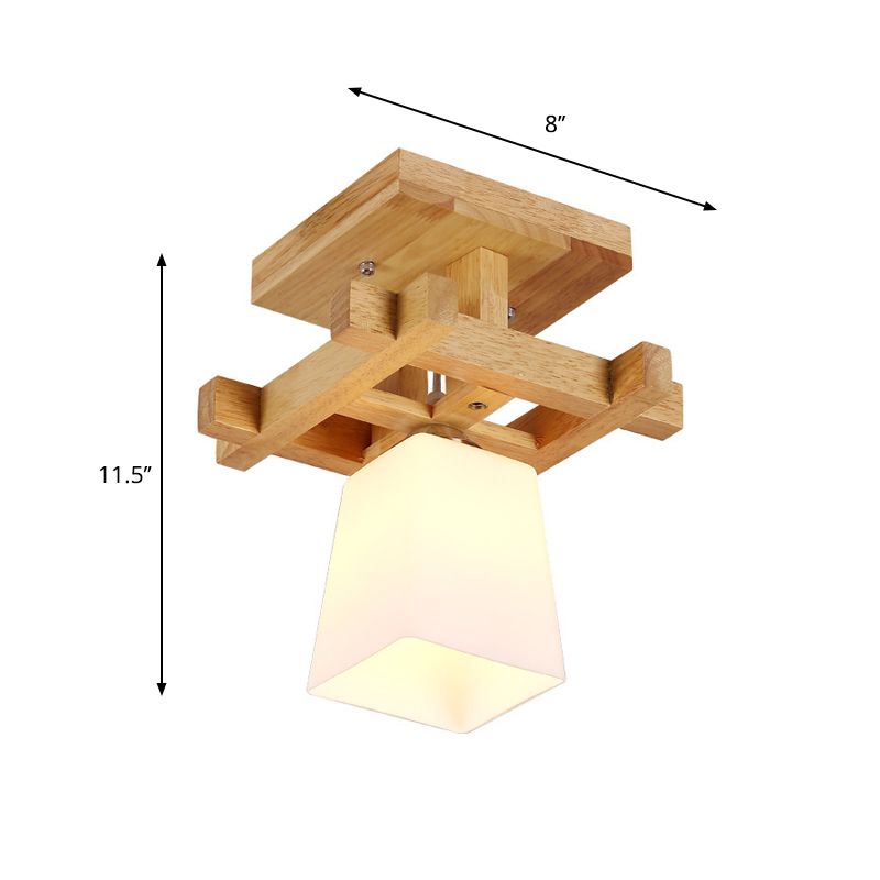 Trapezoidaler Gang Deckenlampe Opalglas 1-Licht Nordic Style Semi Flush Mount Light in warmem/weißem Licht mit Holzoberteil