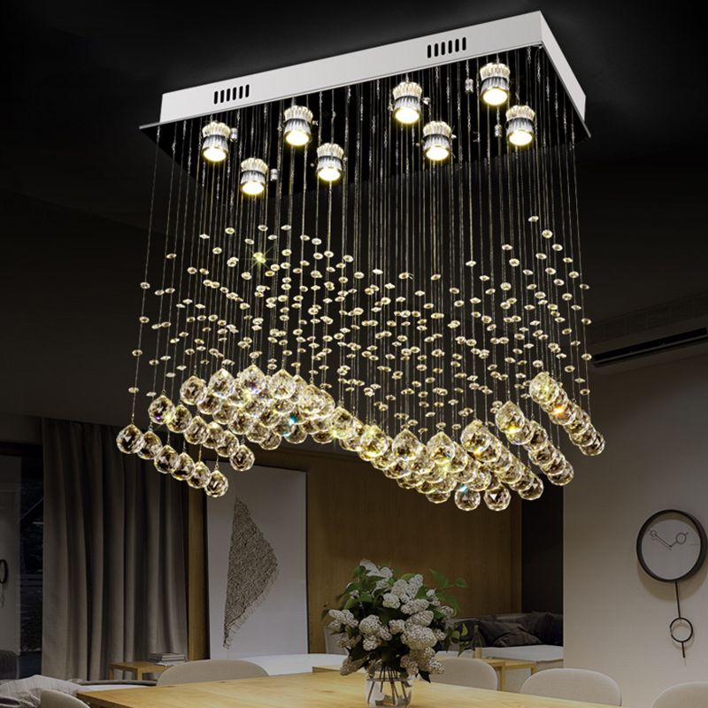 Wavy Dining Room Ceiling Lamp Modern Crystal 8 Lights Stainless Steel Flush Mount Lighting Fixture