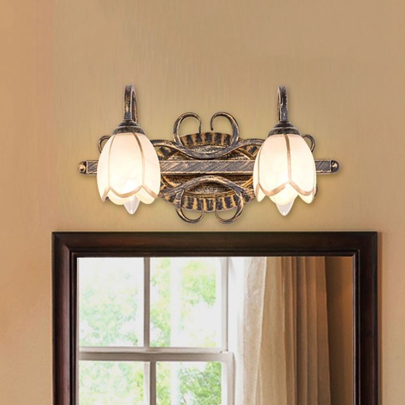 2/3 Lights Frosted Glass Vanity Light Fixture Traditional Antique Brass Flower Shape Bathroom Lighting Fixture