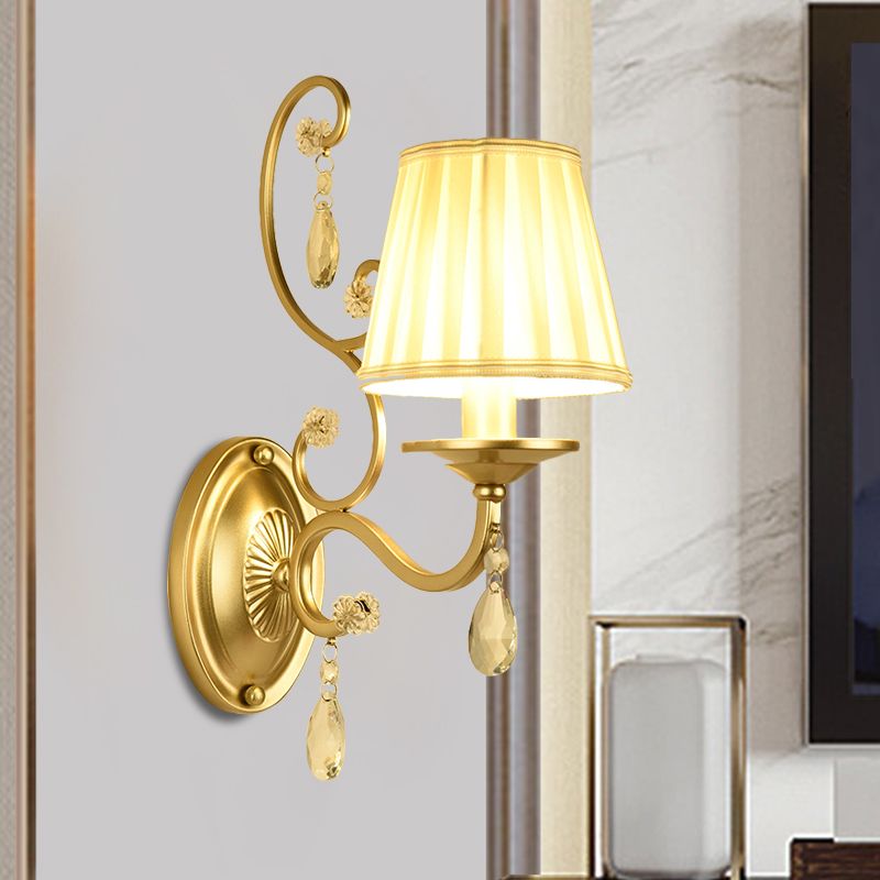 1 Bulb Tapered Surface Wall Sconce Modern Gold Fabric Wall Mount Light Fixture for Bedroom