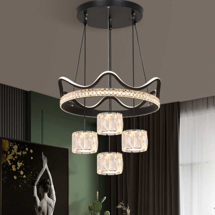 Cilindrische kristallen suspensielamp eigentijdse zwarte led plafond hanger voor eetkamer