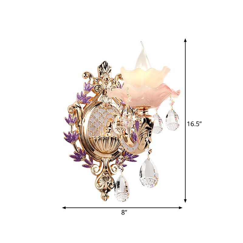 Ruffle Purple Glass Glasce Lamp Countryside 1/2-Light Liver Room Mur Mount Éclairage avec K9 Crystal Drop