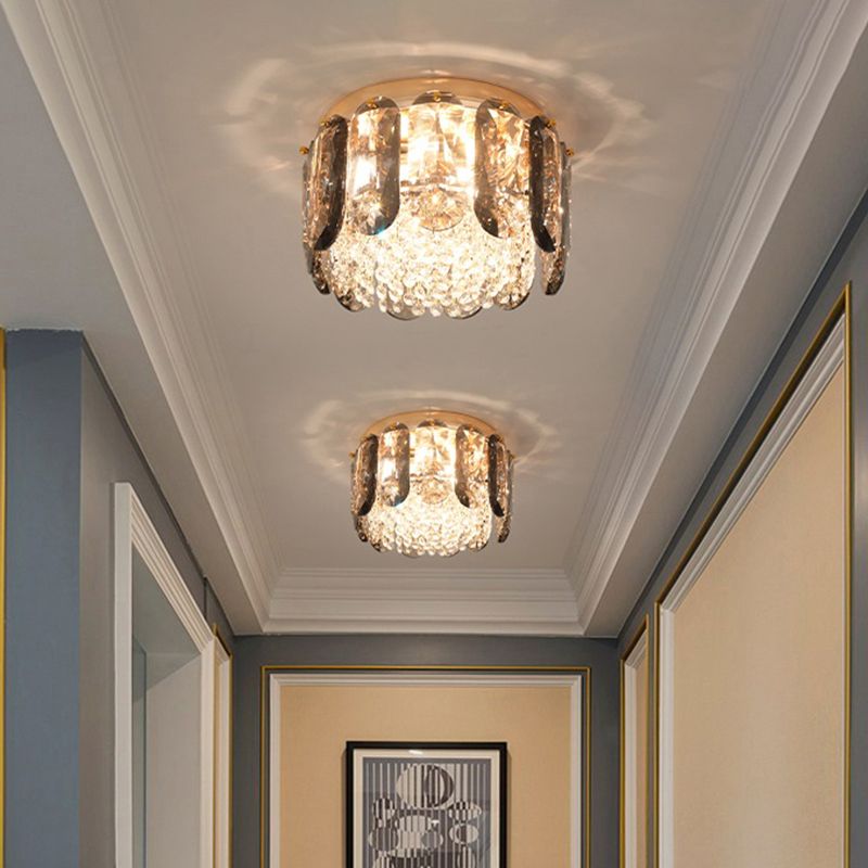 Brass Drum Shaped Flushmount Lighting Modern 3 Lights Crystal Ceiling Light for Corridor