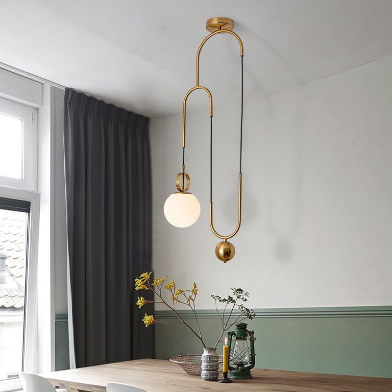 Opaline Glass Ball Shade Pendant Light Kit Postmodern 1-Light Hanging Lamp with Pulley in Gold