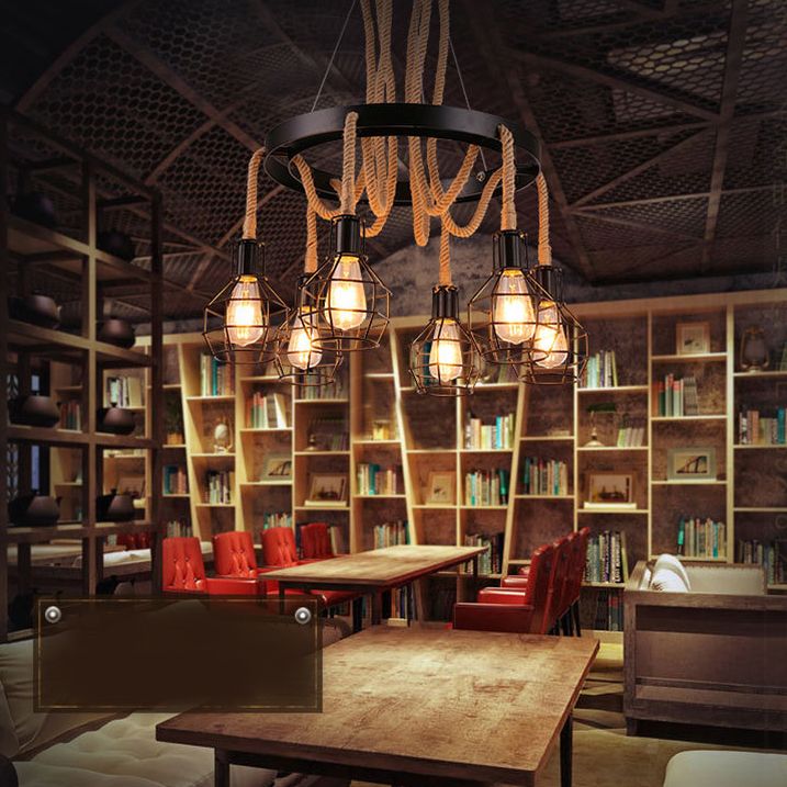 Rope Circular Pendant Light Fixtures Industrial Bar Hanging Chandelier Light