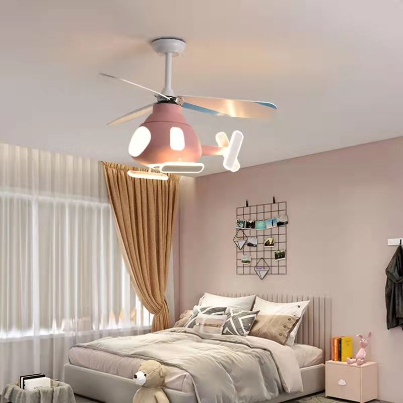 Metal Airplane Shaped Pendant Fan Lamp Cartoon LED Semi Flush Light for Kids Room