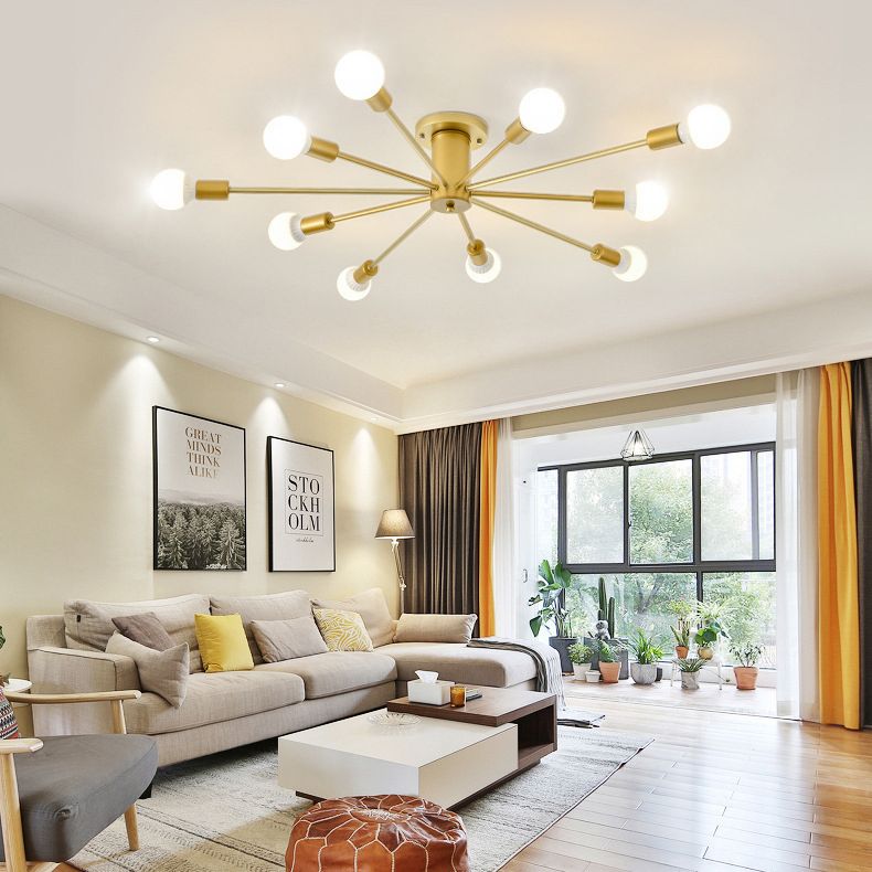 Gouden Spoetnik-plafondlamp in industriële retro-stijl smeedijzeren semi-inbouwmontage voor woonkamer