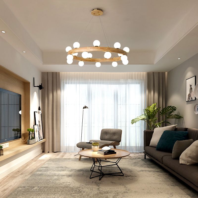 Wooden Circular Chandelier Minimalistic LED Pendant Light with Orb Opal Glass Shade