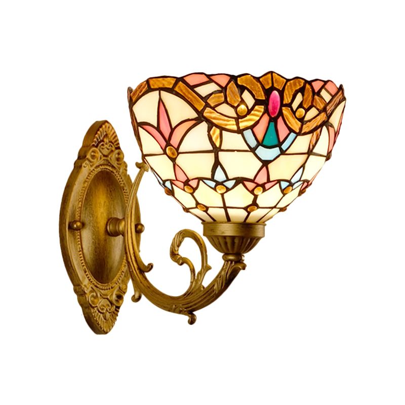 Gold Domed Wall Mount Lamp Baroque 1 Head Stained Glass Wall Sconce with Swirled Arm