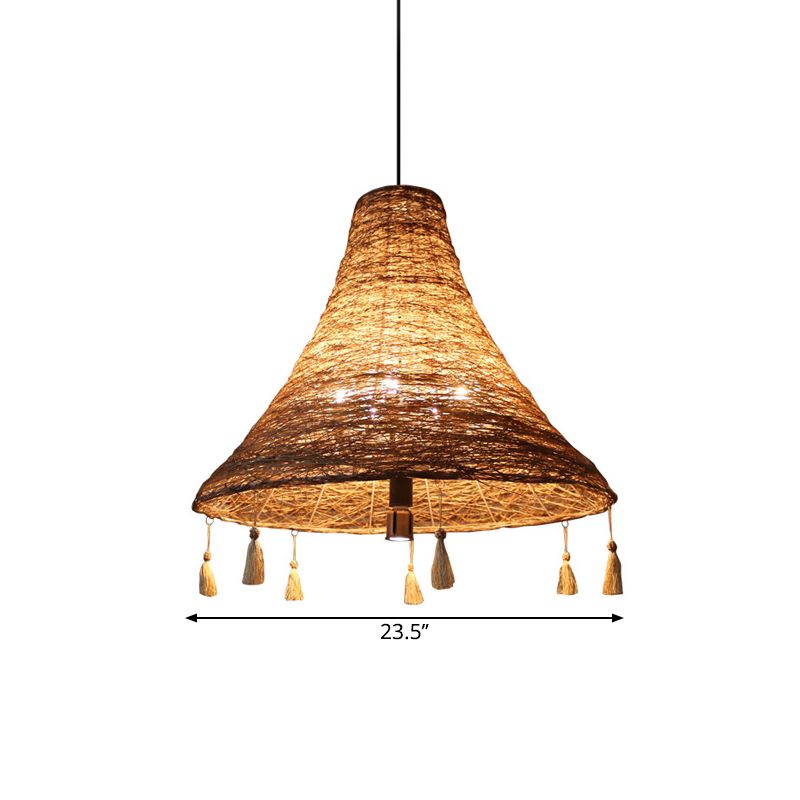 Suspension de corde évasée Manille Pendentif asiatique 23,5 "/31,5" Largeur 3 bulbes Lumière de lustre jaune avec gamin-déco